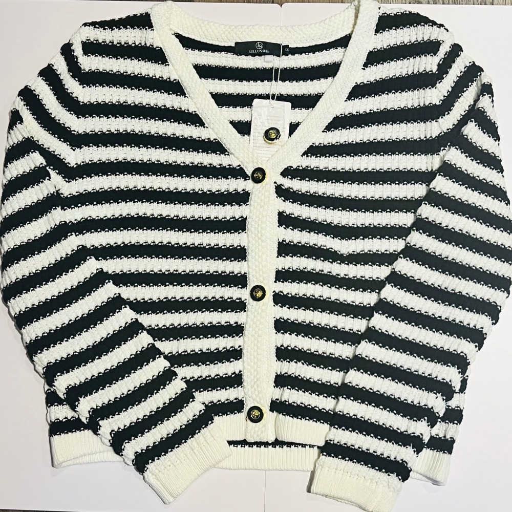 LILLUSORY|Black & White Striped Knit Cardigan‎ Sweater|S|NWT